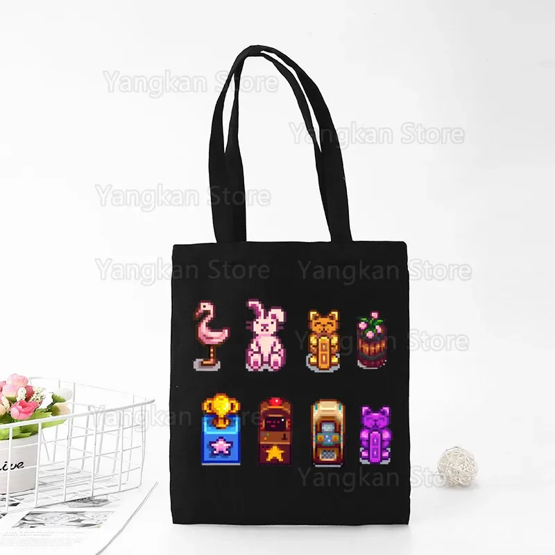 Stardew Valley Canvas Black Shopping Tote Bag Reusable Shoulder Cloth Book Bag Gift Handbag
