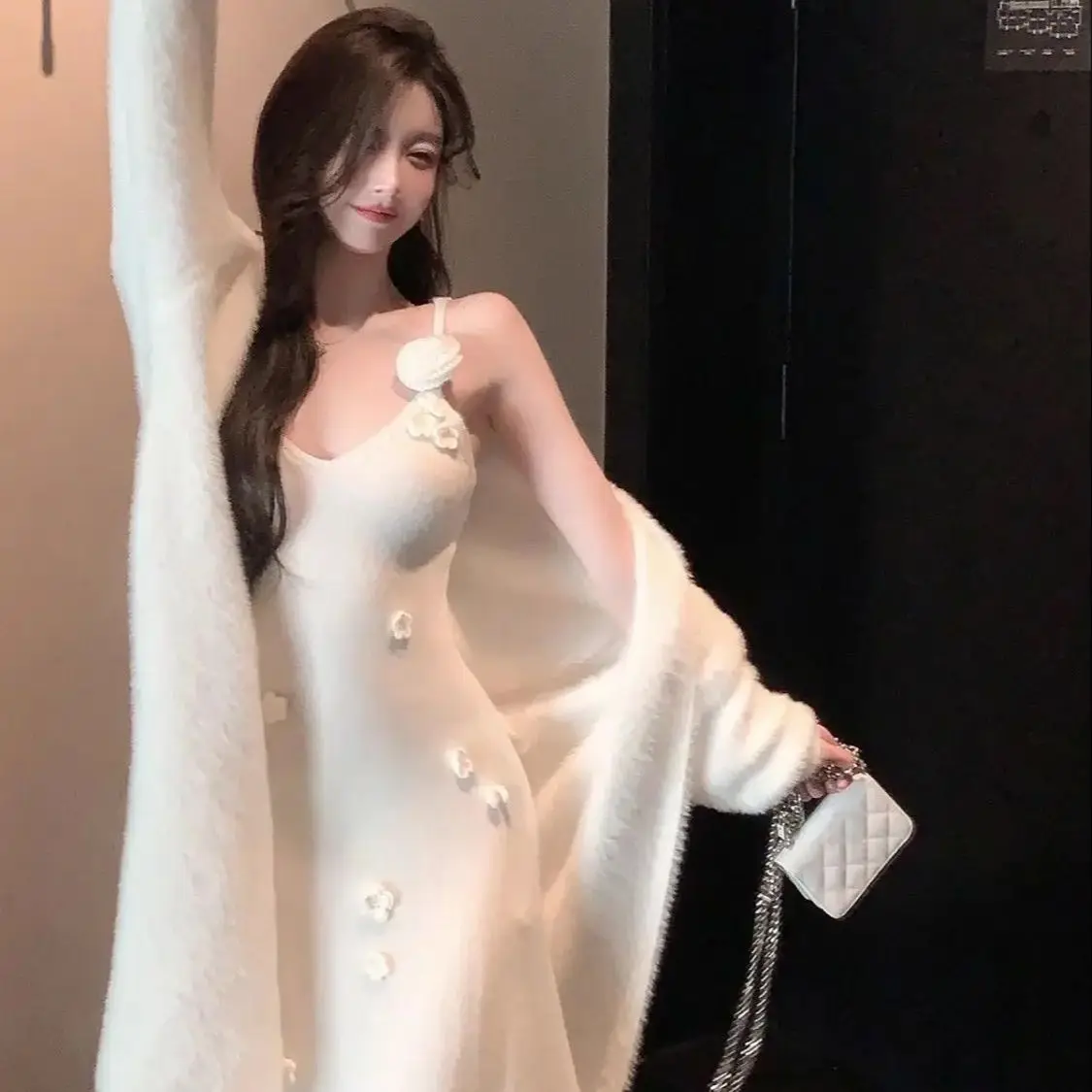 

Sweater Coat Suspender Dress Two-Piece Set Autumn Winter Gentle Style High-End White Lady Long Slim Skirt Suit