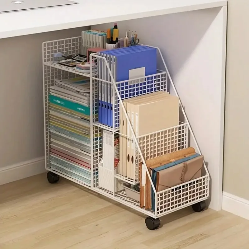 Bookshelf Under Desk Shelf Easy Assembly Iron Storage for Home & Office Compact Rolling Storage with Decorative Panels