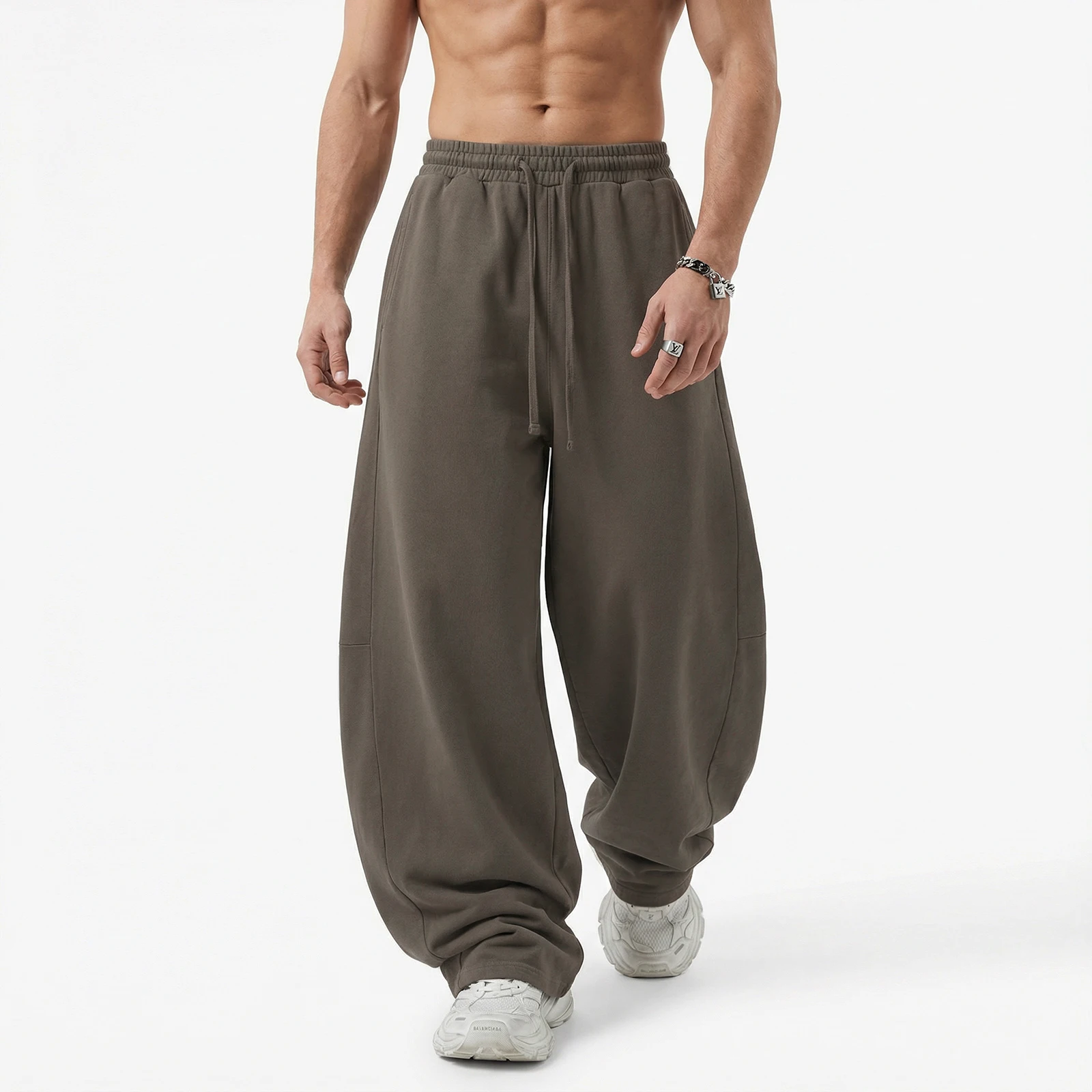 

Retro Oversized Washed Casual Curved Pants Men Solid Color Patchwork Straight Leg Drawstring Wide Leg Lantern Trousers Baggy