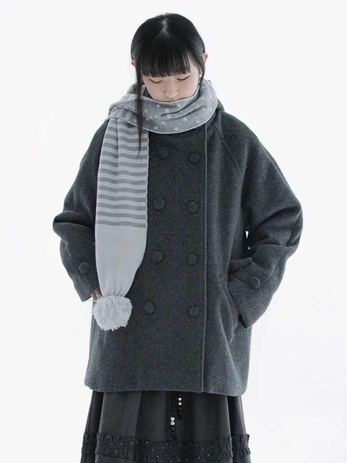 

Women's Winter Faionable Double-breasted Woolen Coat with Hat Vintage Japanese Sle Long Sve Mid-length Sweet Sle