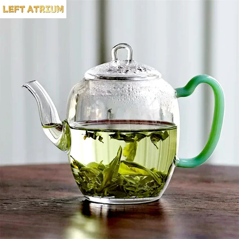 Exquisite Small Capacity 240ml Imitation Song Glass Green Tea Pot Hand-held Heat-resistant Teapot Jade handle Kung Fu Tea Set