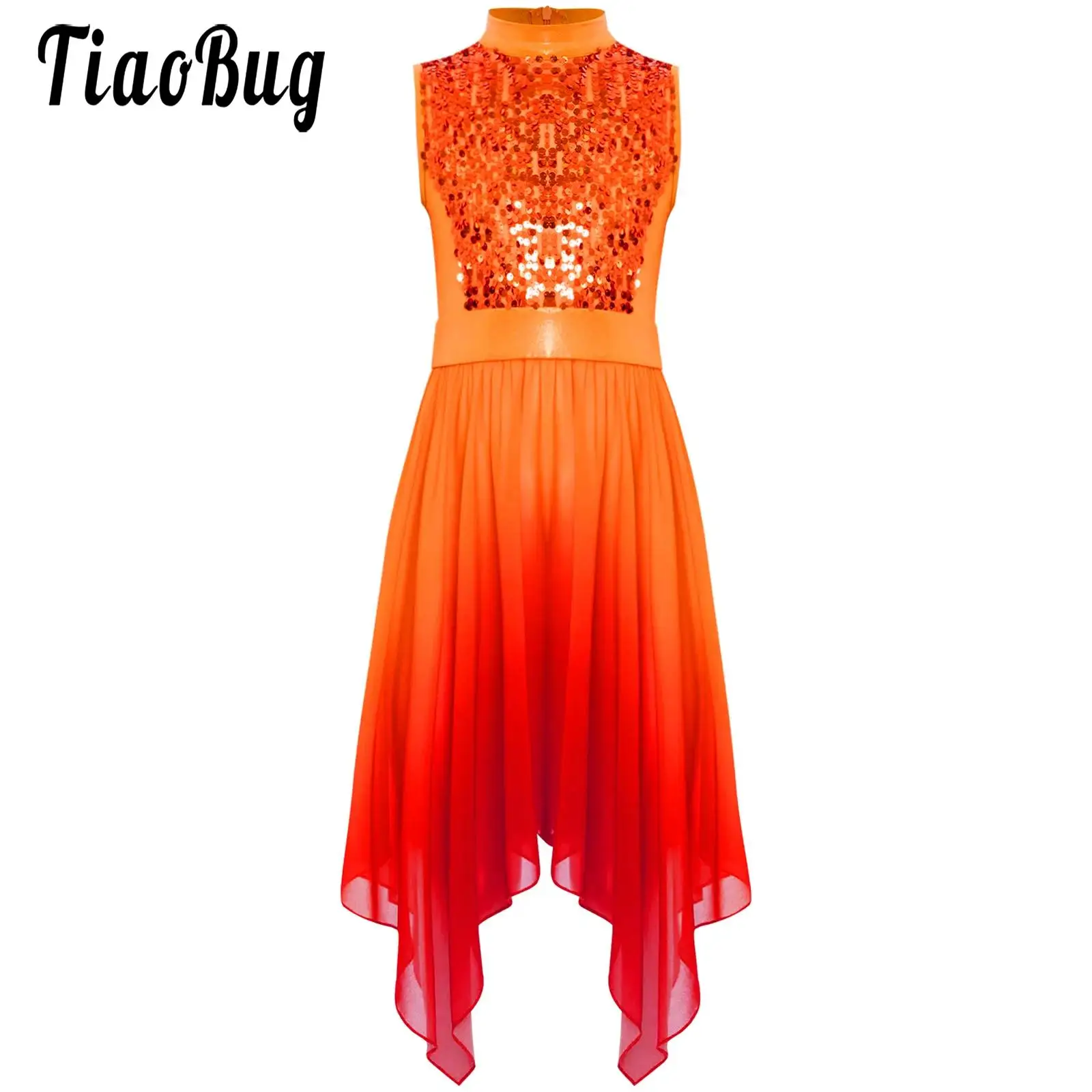 Girls Liturgical Worship Praise Dance Dresses Lyrical Contemporary Modern Dancewear Sleeveless Shiny Sequins Bodice Tunic Dress