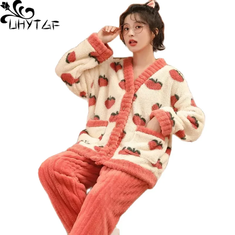 

UHYTGF Women's Pajamas Long Sleeved Coral Velvet Autumn Winter Nightwear Two-Piece Set Female Casual Home Clothes Sleepwear 2534