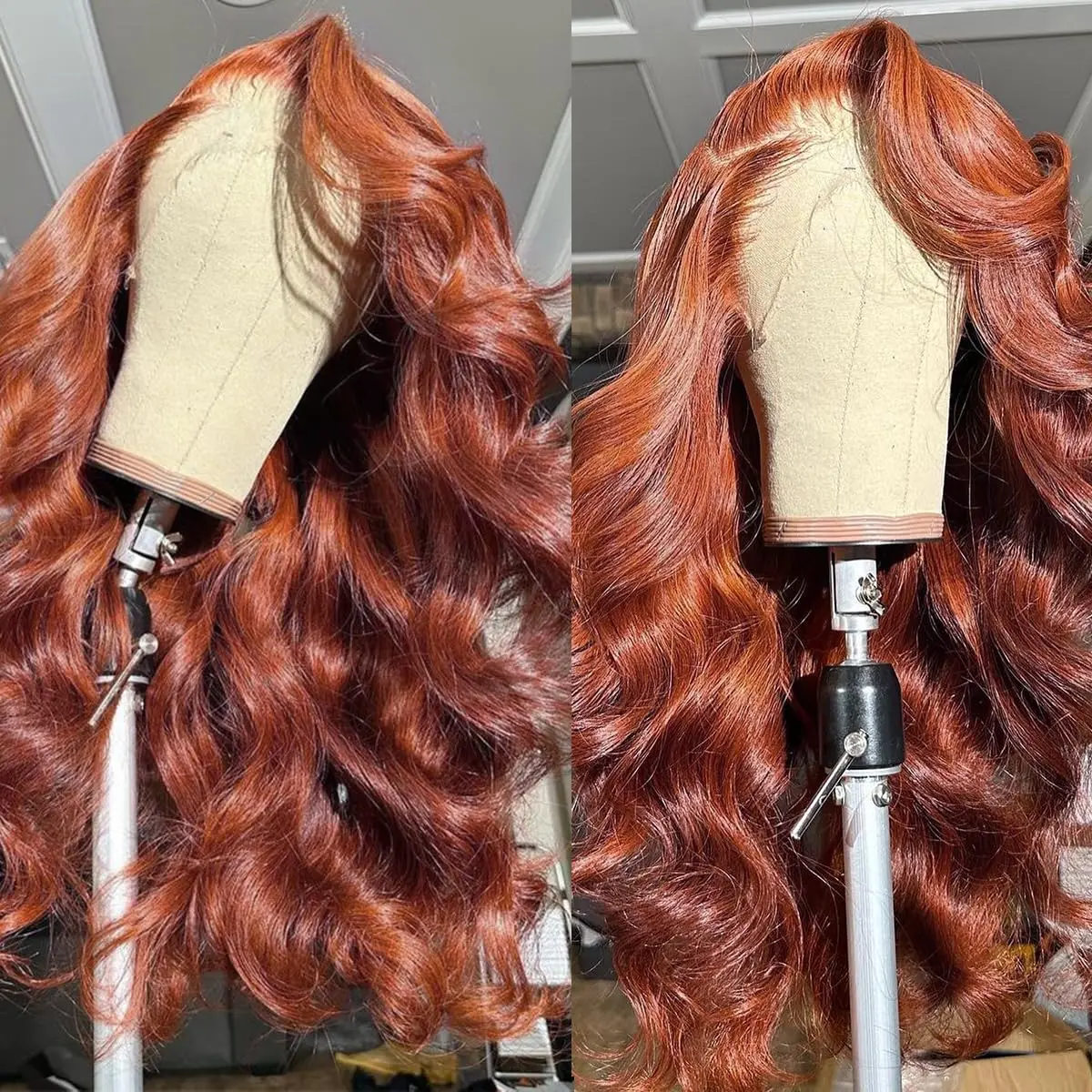 Perucas dianteiras avermelhadas do laço do marrom, cabelo humano, onda do corpo, peruca frontal, cobre, 13x6, 220% densidade