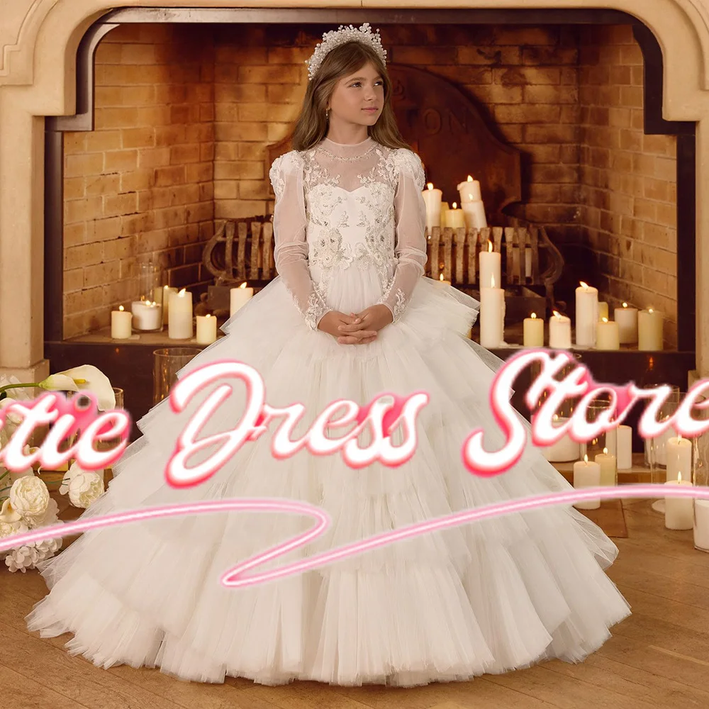 

Ivory Layered Flower Girl Dress For Wedding Tulle Applique Puffy Beaded Kids Birthday Party First Communion Ball Gows Customized