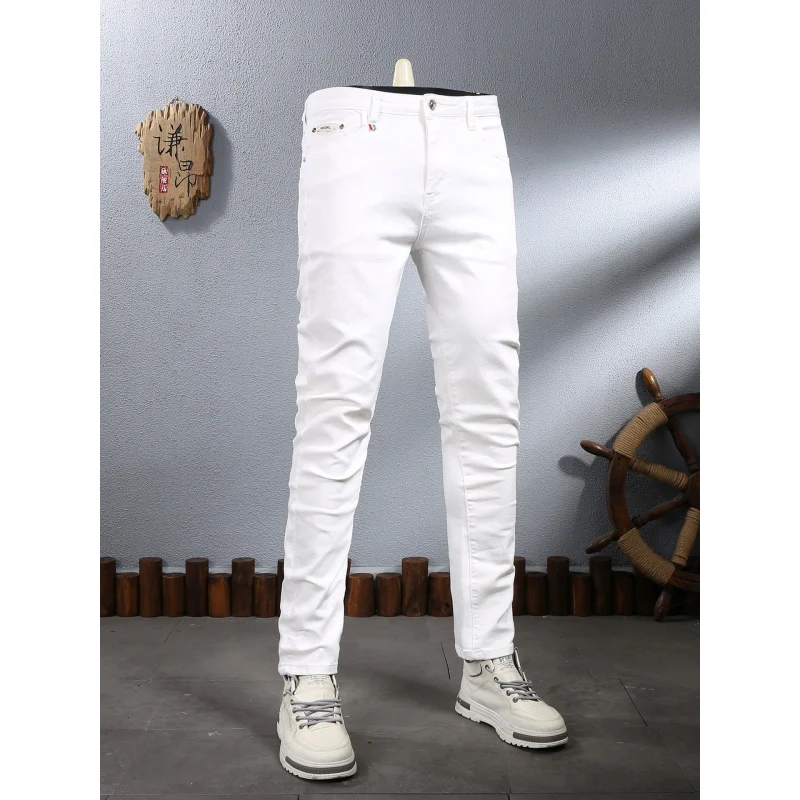 

Мужские белые джинсы слим-фит, узкие прямые брюки на резинке, повседневные, трендовые, универсальные, черные брюки, новинка 2026 года, мужская одежда