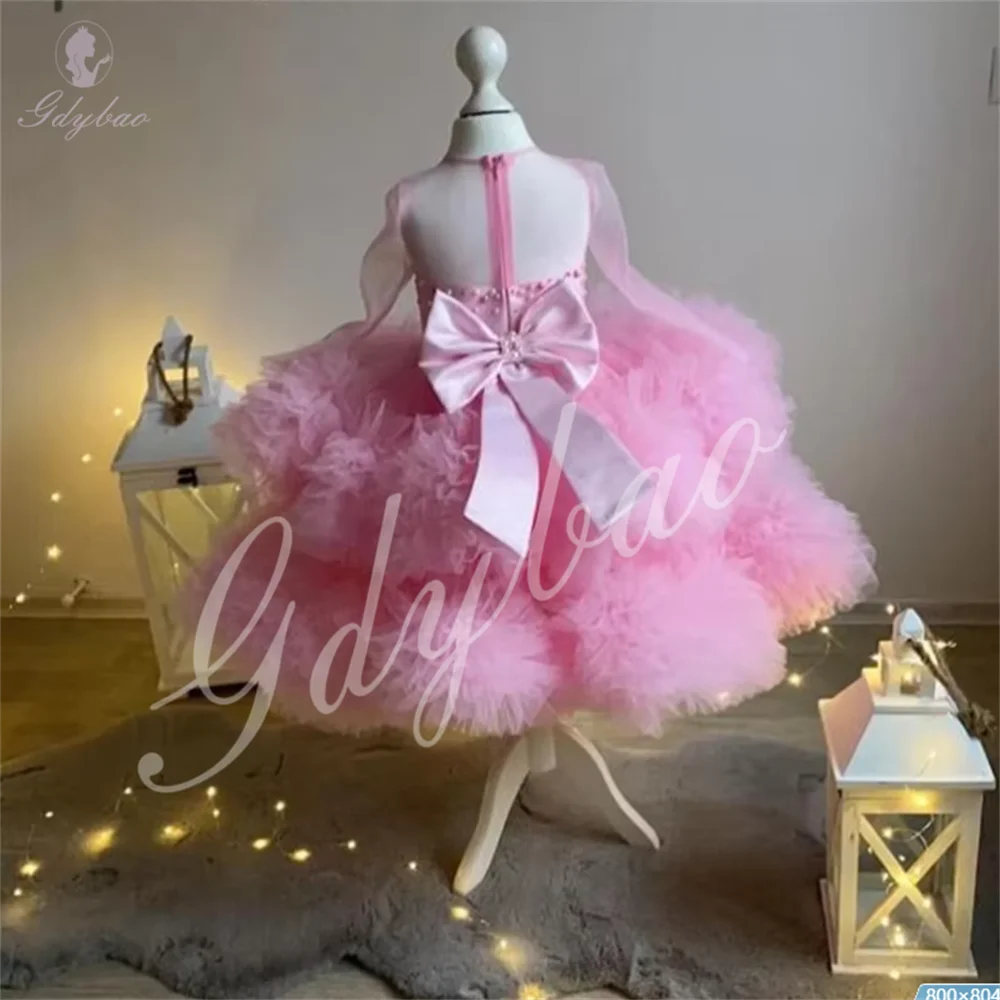 Vestidos de niña de flores con perlas y cuentas, vestido rosa de manga larga esponjoso para fiesta de cumpleaños, desfile hinchado escalonado, vestido de primera comunión