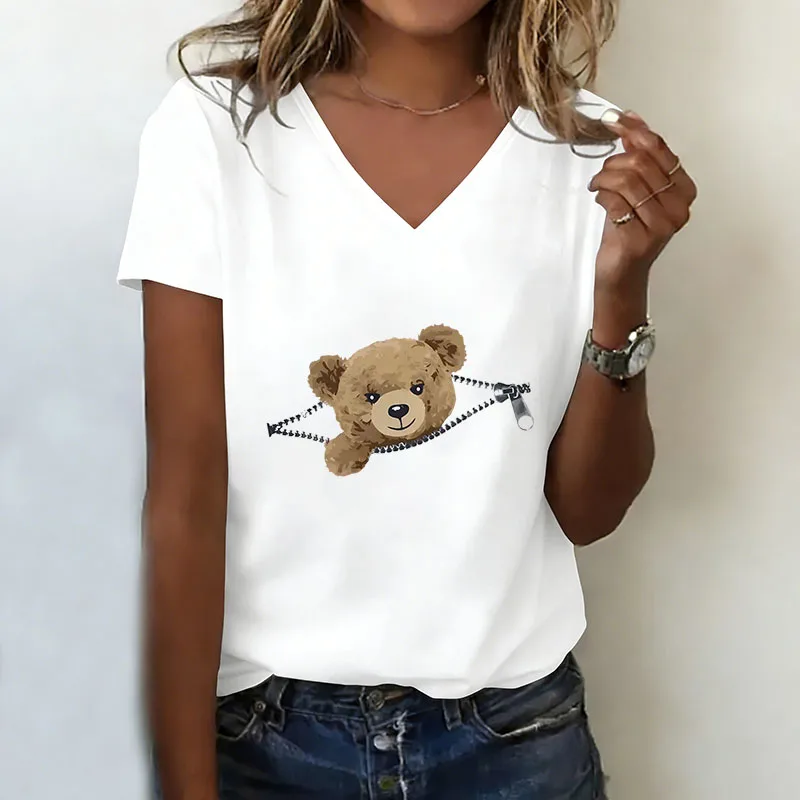 Grafisches Cartoon-Bären-T-Shirt mit V-Ausschnitt, Lässige Mode Anime T-Shirts für Damen, Kurzarm-Shirt mit V-Ausschnitt für Sommer und Frühling