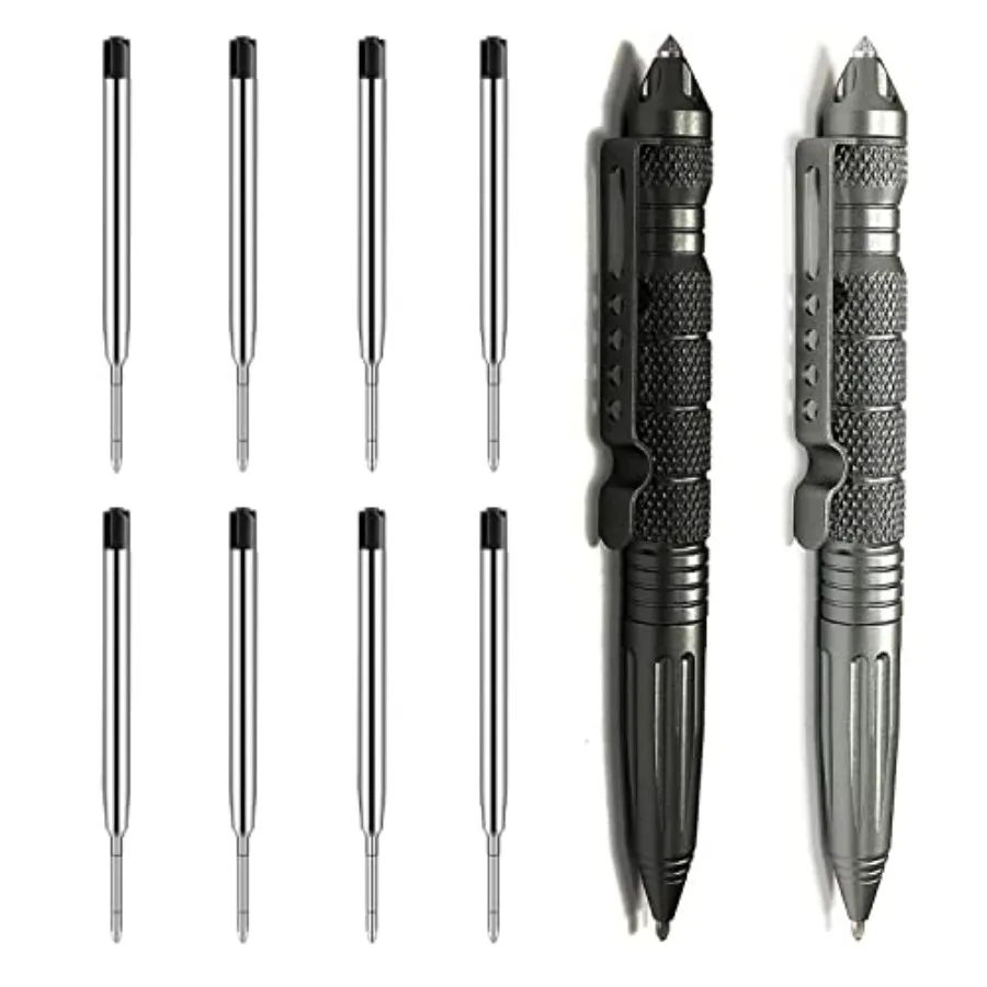

2 Pack Tungsten Steel Military Tactical Pen Set, Multifunctional EDC Self Defense Pen With 8 Ballpoint Refills Black and Gray