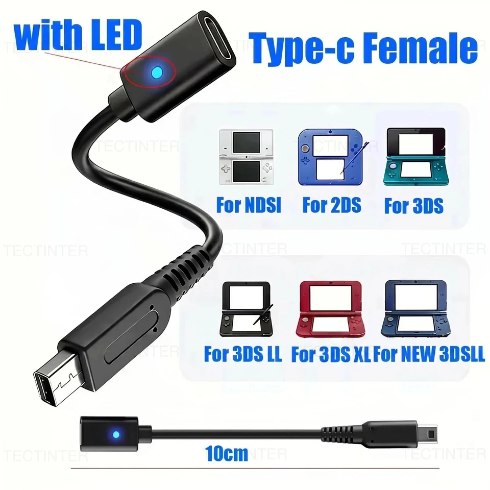 USB Type-C Charging Cable Adapter for Nintendo NDSi 2DS 3DS 3DSLL 3DSXL Game Console with LED Convert Power Supply Wire Cord