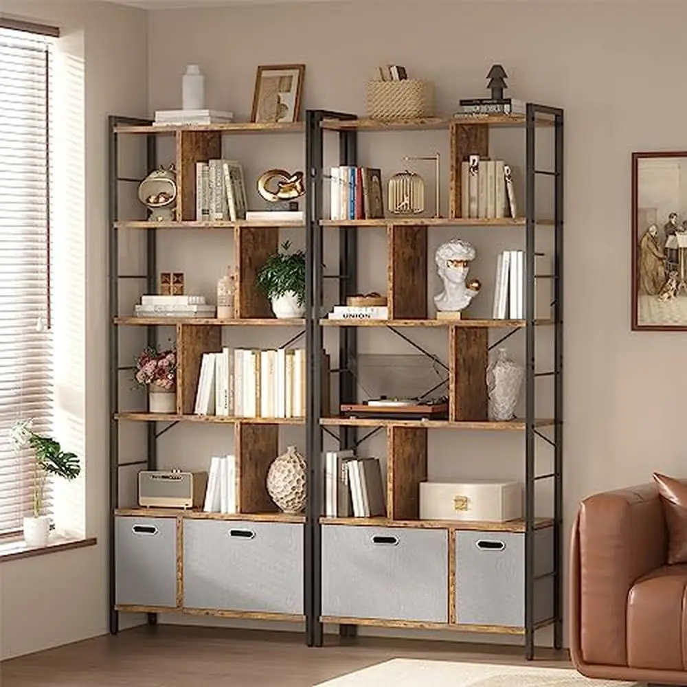 Modern 6 Tier Bookshelf with Drawers Industrial Bookcase Living Room Bedroom Office Wood and Metal Standing Shelf Units with