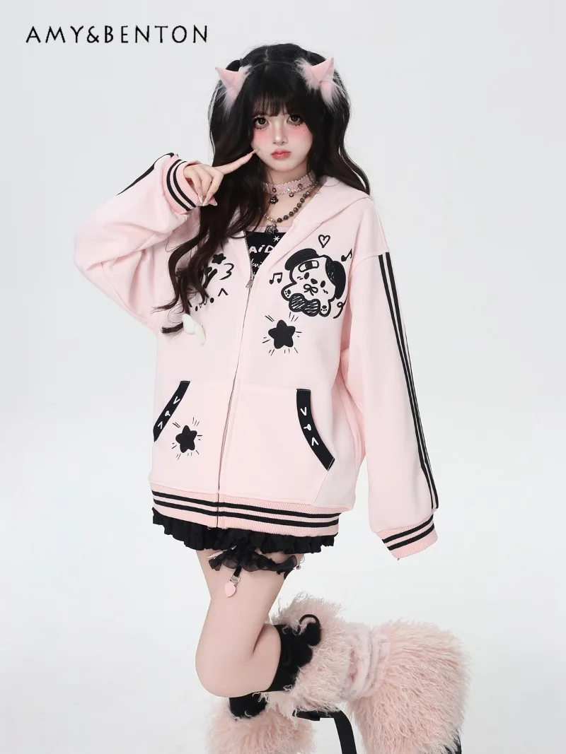 Cute Cartoon Print Kawaii Patchwork Color Hoodies Women Autumn New Preppy Style Sweet Loose Versatile Zipper Sweatshirt Students