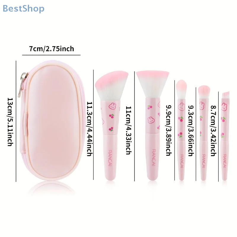 (●'◡'●)%(●'◡'●)5-piece Mini Pink Makeup Brush Set With Makeup Bag,Suitable For Flawless Foundation, Blush, Eyeshadow