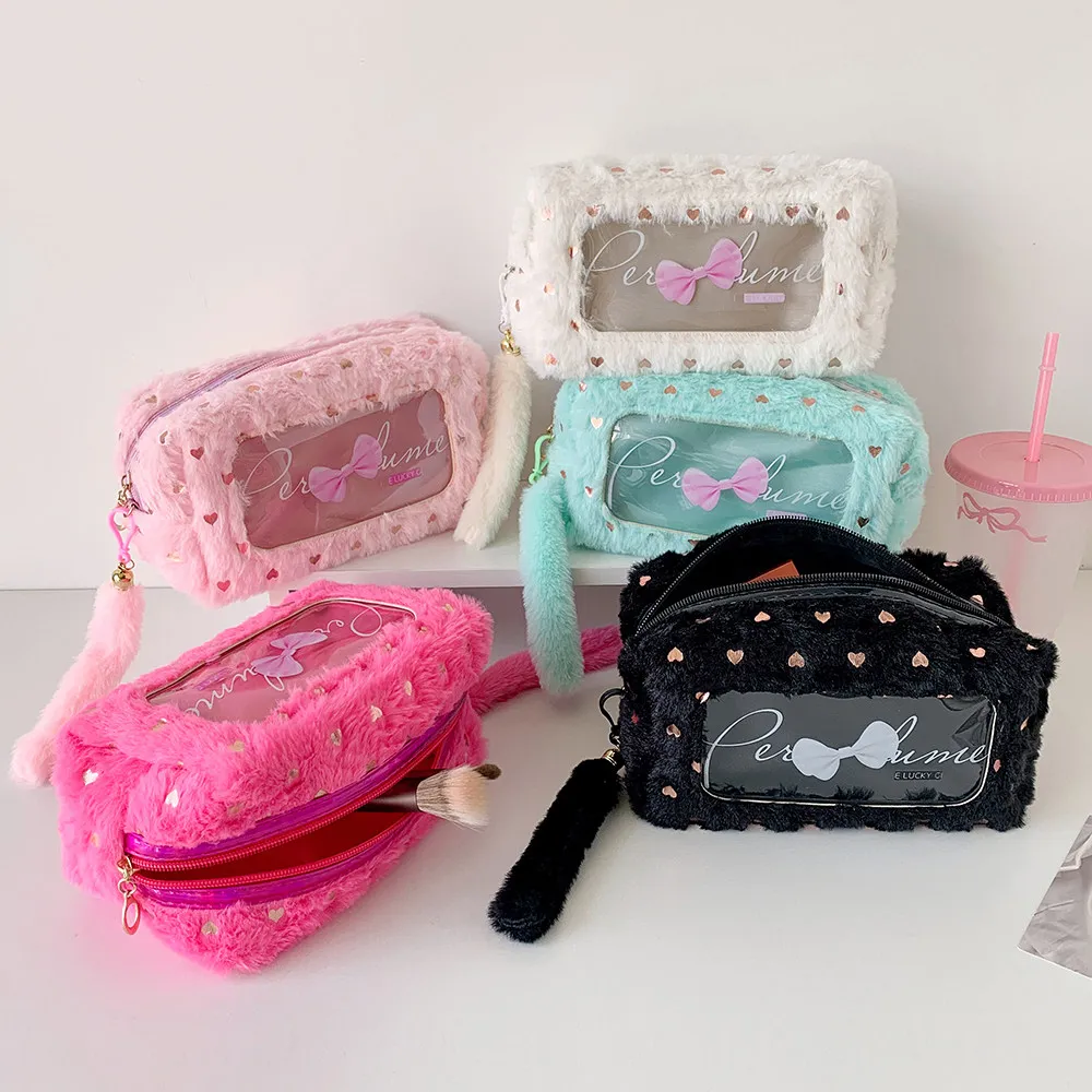 Japanese Sweet Version Candy Color Girl Plush Pencil Bag Bow Stationery Storage Bags Student Hand Carry Cosmetic Bag Toilet Bags