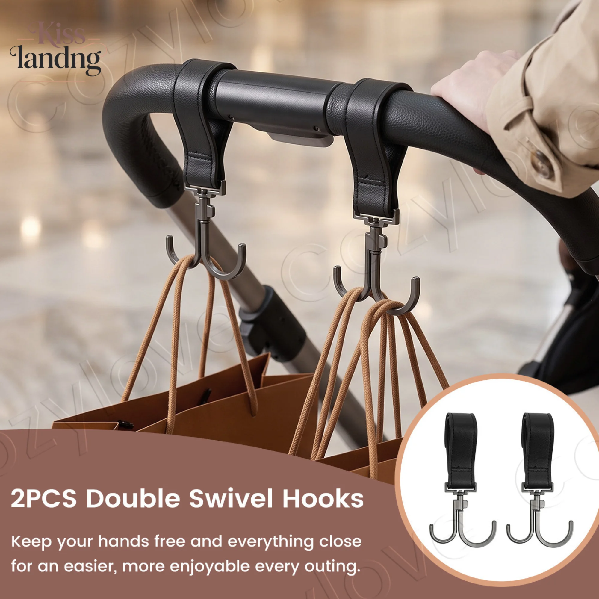 2 Pack Stroller Swivel Hooks,Double J-Shaped Metal Shopping Bag Hanger,Universal Leather Strap Stroller Accessory Organizer Hook