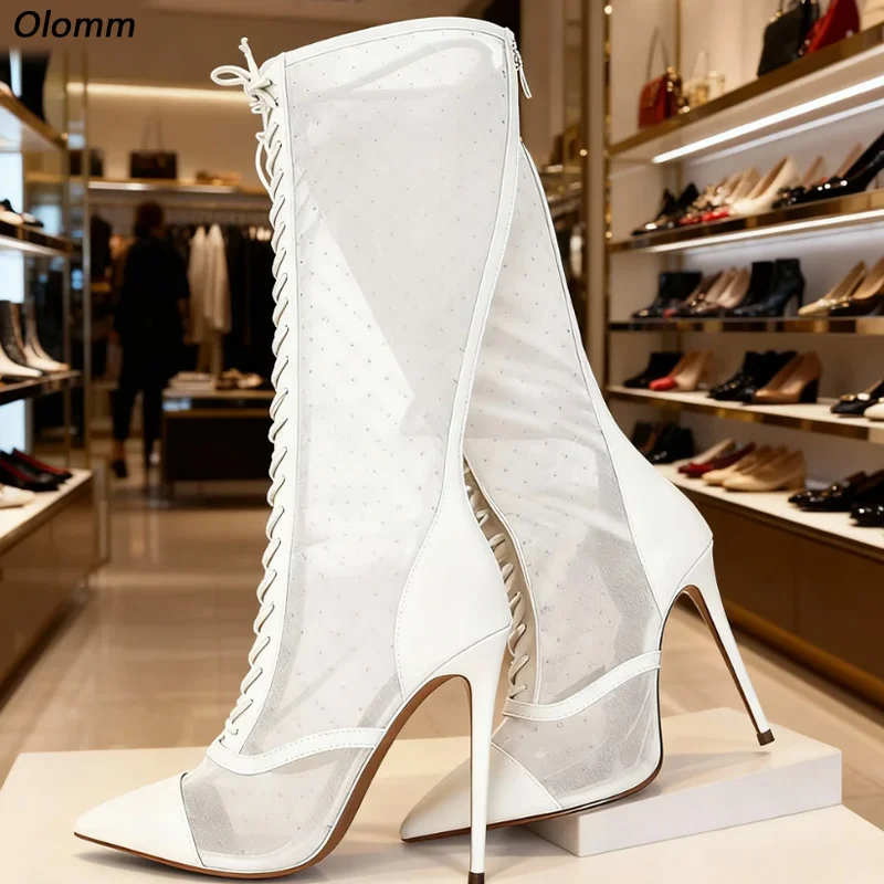 Olomm الحرفي وضعت بقماش شفاف الأحذية السوداء البولكا نقطة نمط الركبة طول الدانتيل متابعة تصميم عالية الكعب أحذية الموضة حجم 5-15 #1