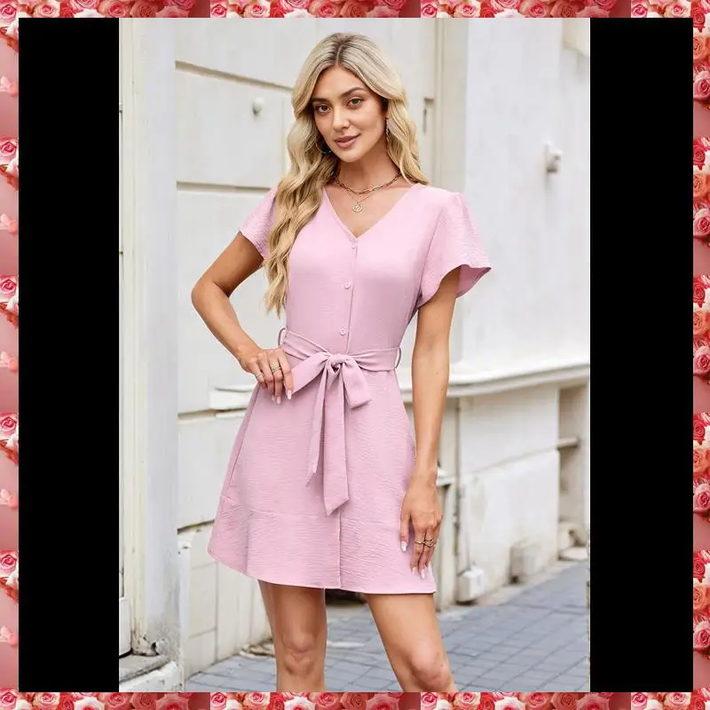 فستان نسائي صيفي كاجوال بأزرار لتغطية السباحة ورقبة على شكل حرف V وأكمام مرفرفة