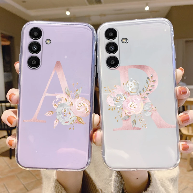 Initial Letters Cover For Samsung Galaxy A15 4G 5G Case Transparent Soft TPU Pink Flowers Capa For Samsung A 15 Galaxya15 Bags