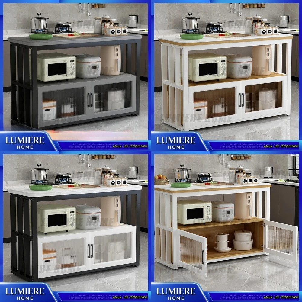 

Multifunctional Kitchen Island Cart with Bamboo Cutting Board Top Glass Door Cabinets and Adjustable Shelves for Small Spaces