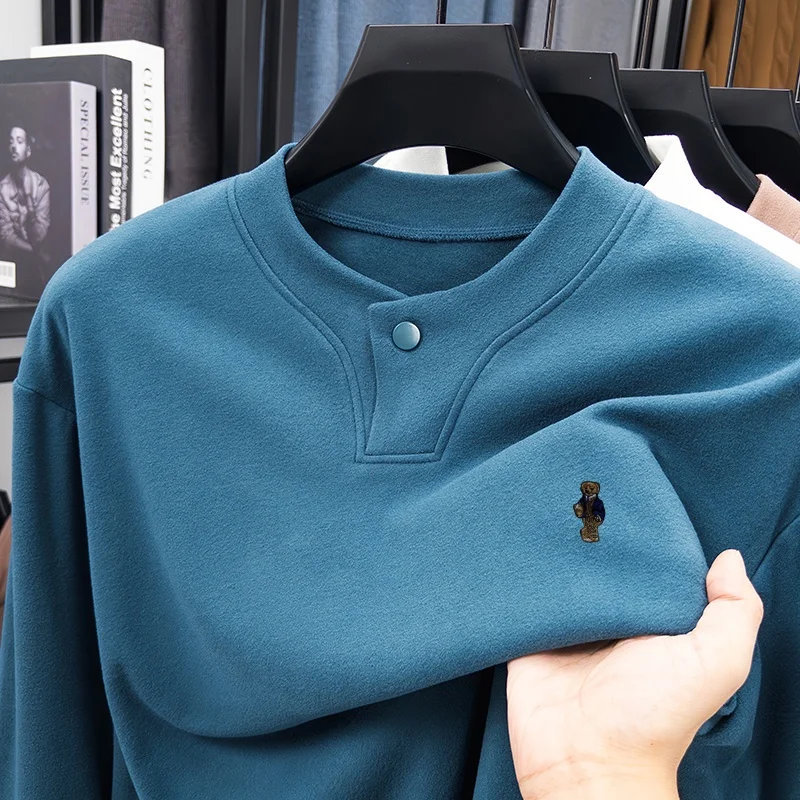 

Designer Original Men's Long Sleeve T-Shirt Thick Derong Fleece-Lined Y-Neck Henley Bear Embroidery Warm Casual Top Men's Wear