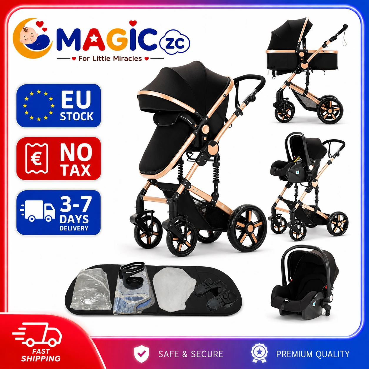 3-in-1 Baby-Kombikinderwagen Reisesystem mit Babyschale, Babywanne, umkehrbarem Sitz, hoher Sichtposition, leichtem, faltbarem Aluminiumrahmen, EVA-Rädern, Stoßdämpfung, Luxus-Kinderwagen-Zubehör für