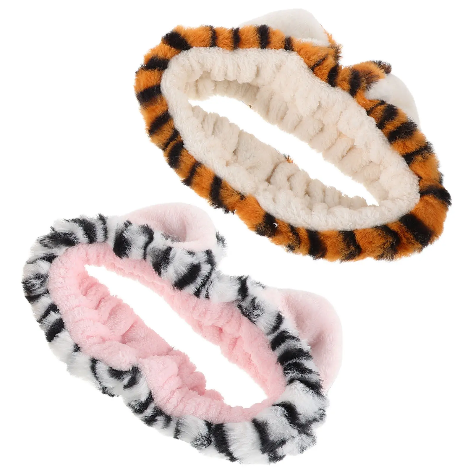 

2Pcs Tiger Ears Headband Set for Women Spa Skincare Face Wash Makeup Facial Care Elastic Stretch Hairband Animal Theme