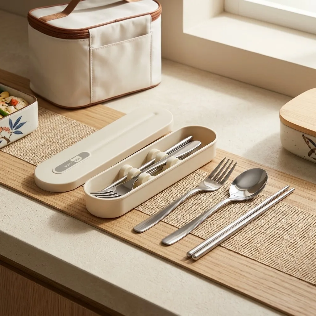 Stainless Steel Cutlery Fork Spoon and Chopsticks Set with Organizer Box Portable Travel Reusable Tableware School Camping