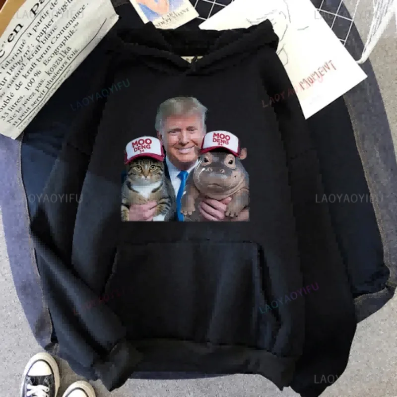 Trump Hold Tailandia Hipopótamo Moo Deng Cat Sudadera con capucha gráfica Make America Great Again Otoño e Invierno Sudadera MAGA Manga larga