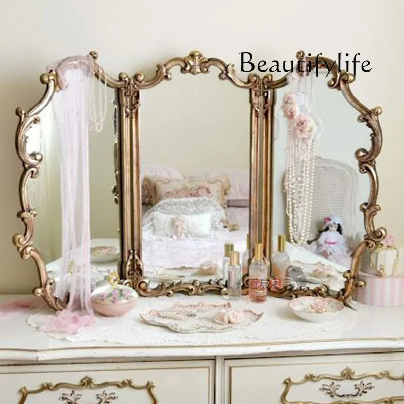 

European Vanity Mirror Desktop French Retro Bedroom Shaped Three Sides Folding Mirror