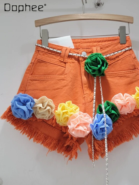 

European American Hot Girl Colorful Flower Frayed Edge Denim Shorts Women High Waist Loose Slim Versatile Wide-Leg Pants Trendy