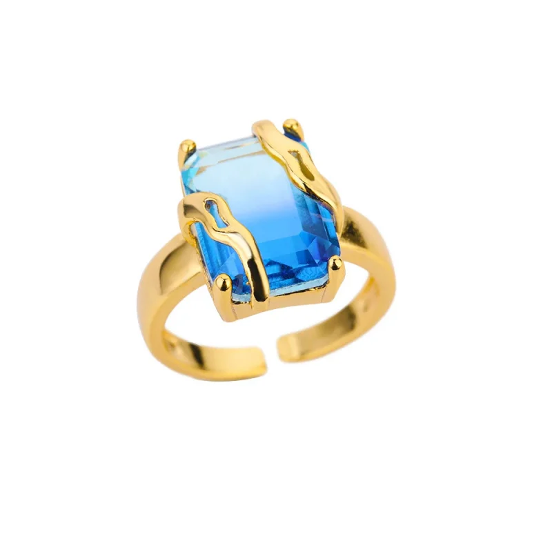 Minimalist Zircon Blue Crystal Stone Rings For Women Stainless Steel Cubic Zirconia Square Geometry Ring Party Jewelry Gift