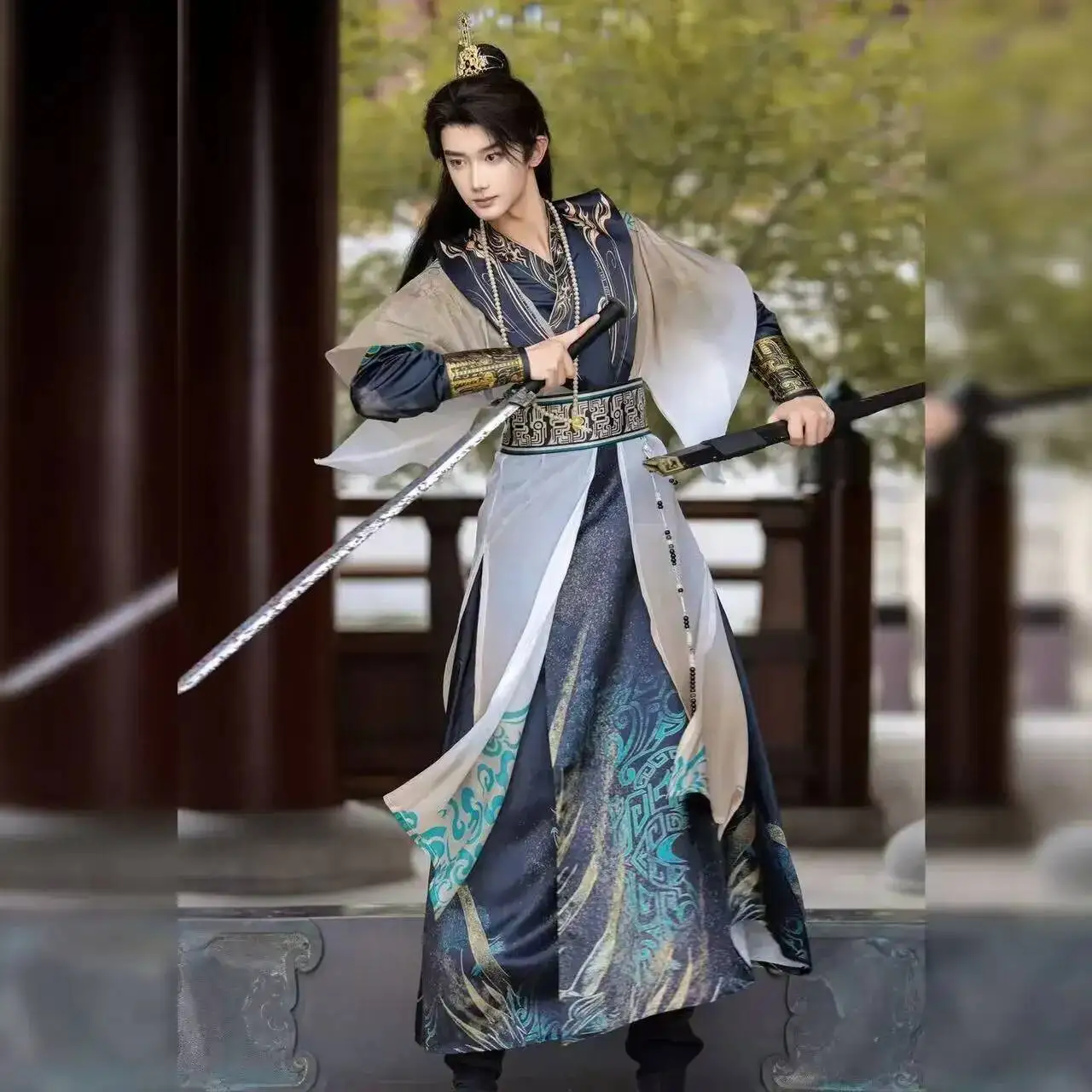 Prince Hanfu Cosplay Costume Traditional Chinese Cross Collar Wuxia Martial Clothing with Ancient Bronze Ware Elements for Men view 3