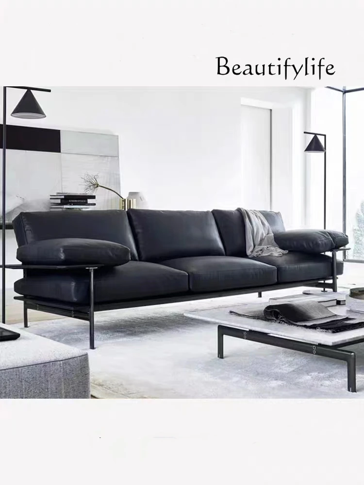 Retro Style Designer Model Black Leather Sofa Living Room High-Grade Straight Three-Seat Sofa