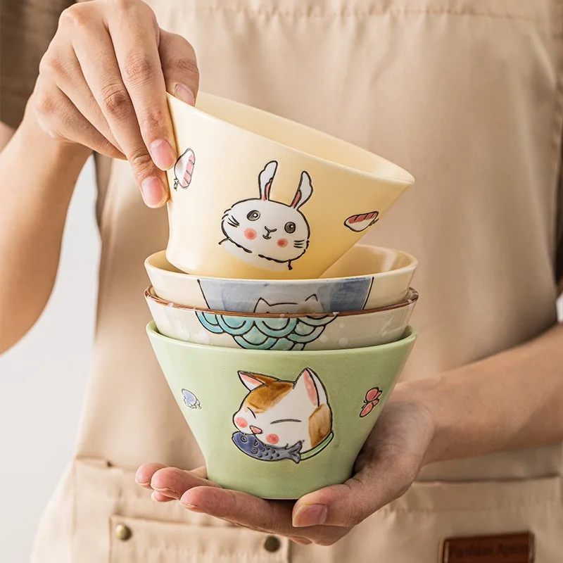 Japanese 350ml Cartoon Cat Ceramic Instant Rice Noodle Bowl hand-painted Soup Salad Bowl Dumpling Dinnerware Kitchen Tableware