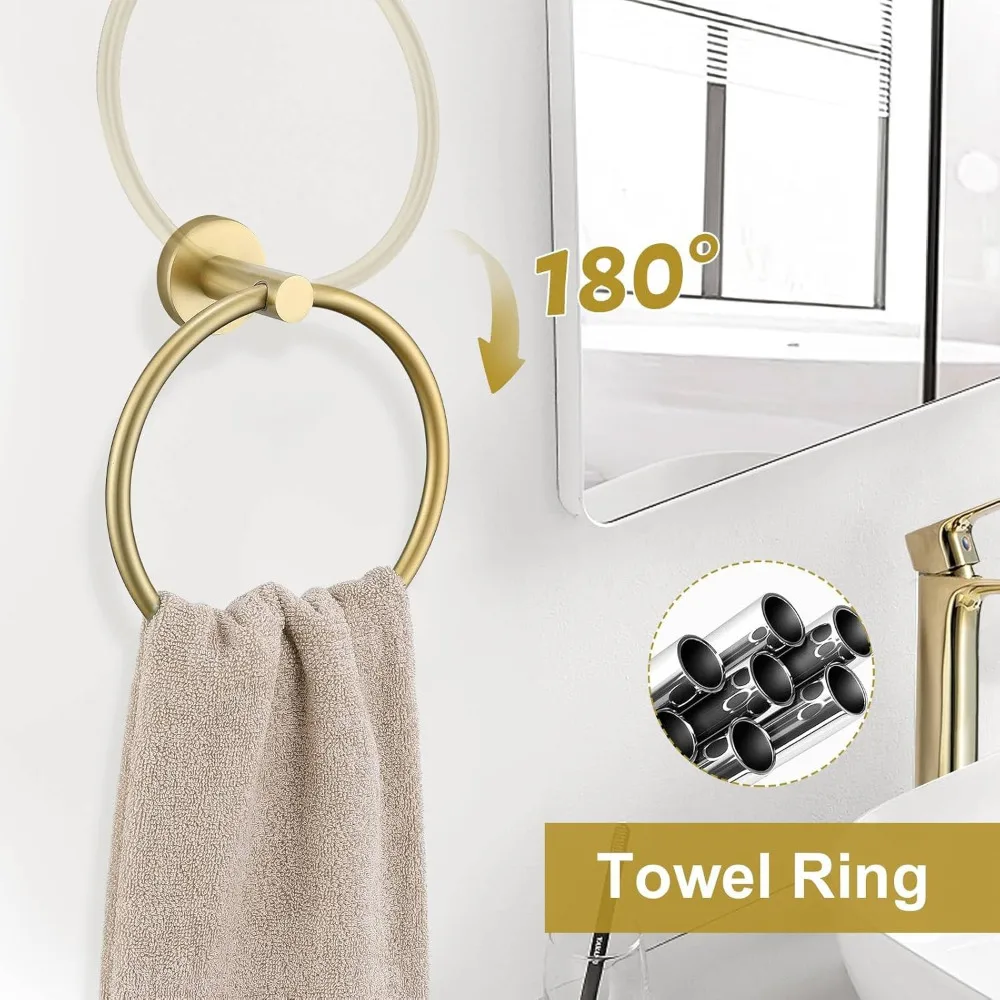 

5 Pieces Brushed Gold Round Towel Bar Set Bathroom Hardware Accessories Set Upgraded Toilet Paper Holder Towel Holder Set