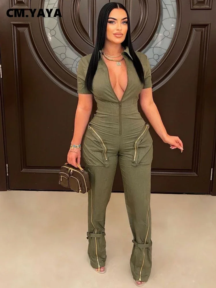 

Women Safari Style Short Sleeve Zipper Fly Pocket Side INS Jumpsuit 2024 Summer Fashion Casual One Piece Suit Playsuit