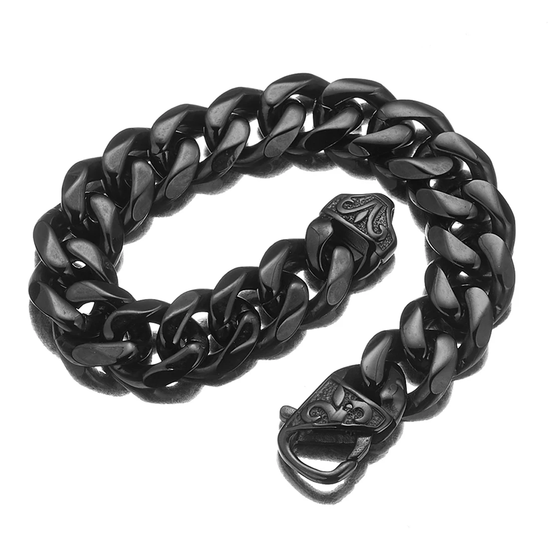 12mm/15mm Black Color Women Men's Chain Bracelet Fashion 316L Stainless Steel Curb Cuban Link Wristband 7inch-11inch