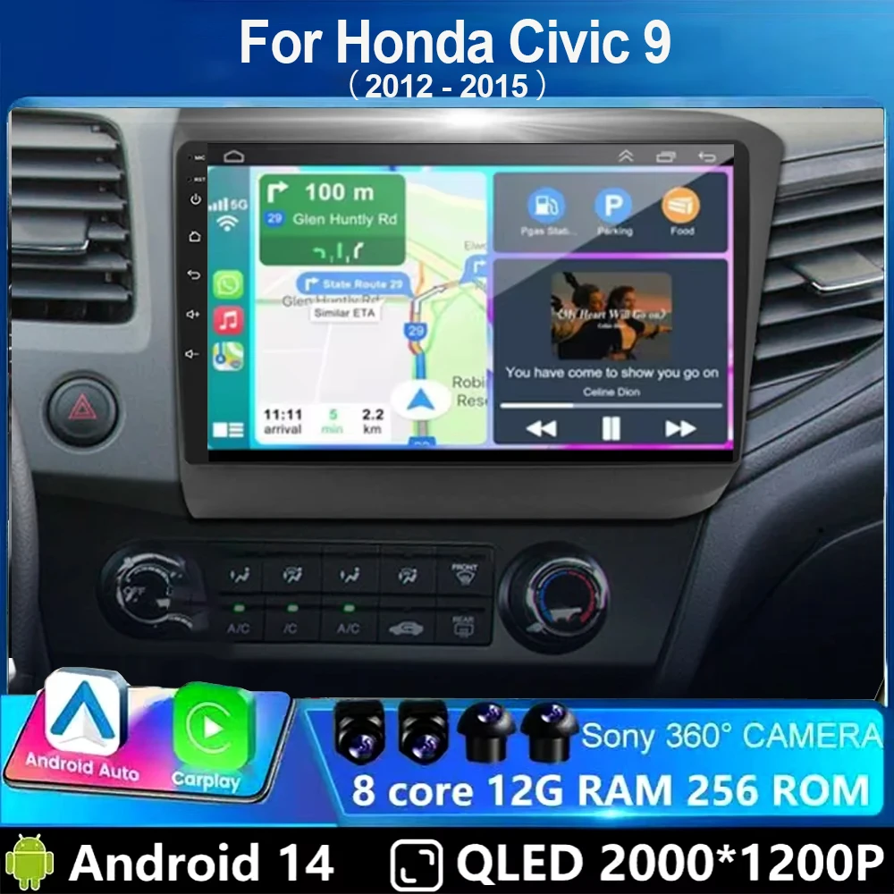 

Android 14 2-диновый автомобильный стерео радио мультимедиа беспроводной Carplay Android Auto для Honda Civic 9 2012 2013 2014 2015 GPS DSP WIFI