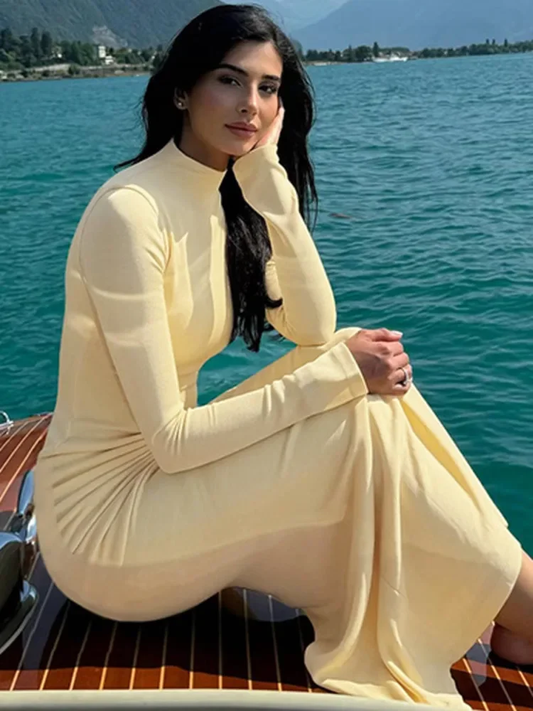Half High Collar Long Sleeve Sexy Maxi Dress Women Yellow Metal Decoration High Waist Ruched Bodycon Club Long Dresses