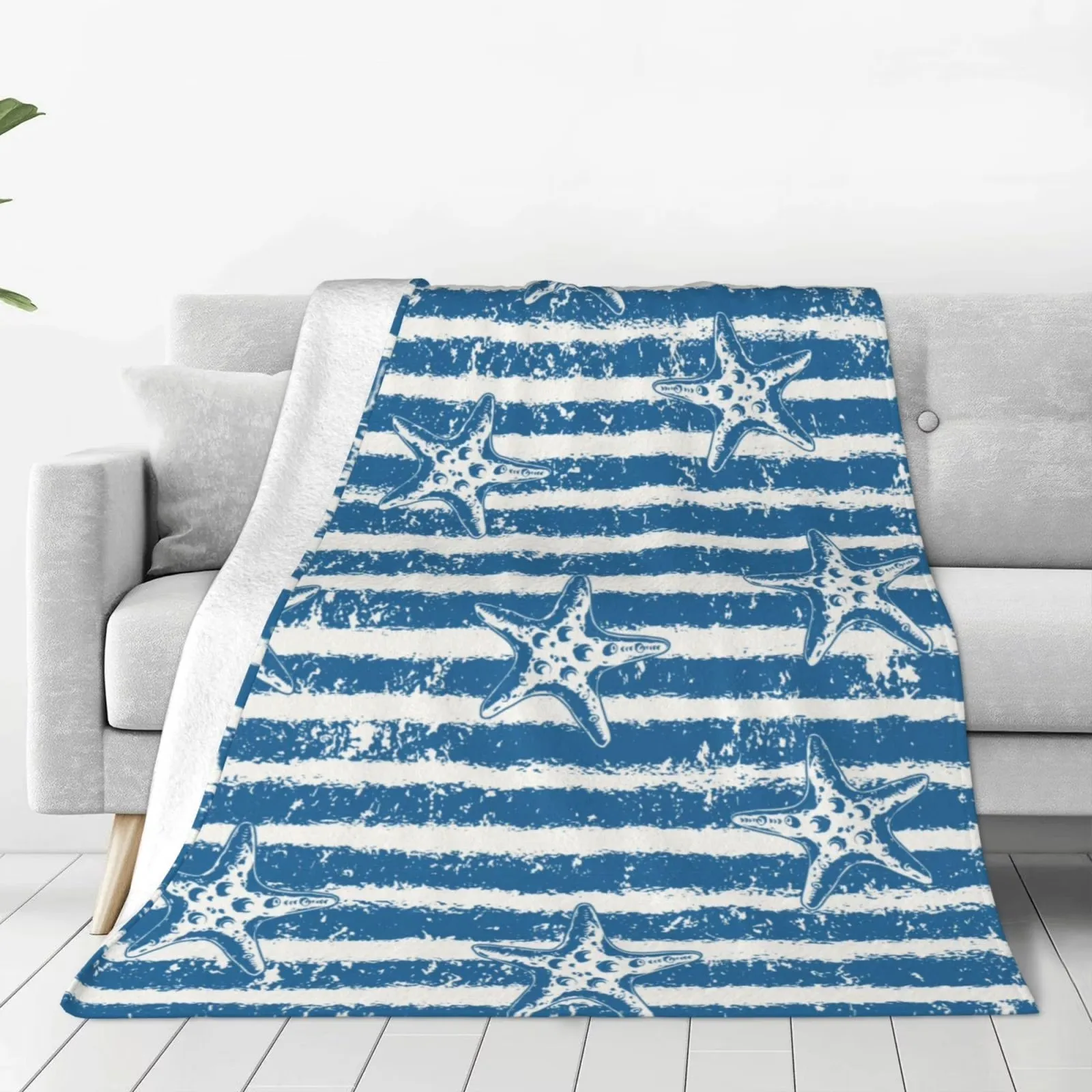 Nautical Starfish Striped Sherpa Fleece Throw Blanket Plush Fluffy Outdoor Travel Blanket