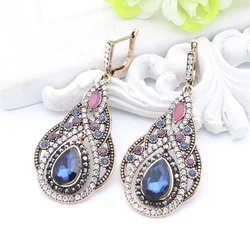 Neovisson Turkish Women Blue Earrings Antique Gold Color Handmade Arabesque Resin Flower Long Drop Earring