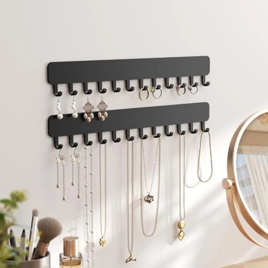 Wall-Mounted Jewelry Organizer, Self-Adhesive Hanging Holder with Hooks for Necklaces, Bracelets, Earrings - Display Storage fo
