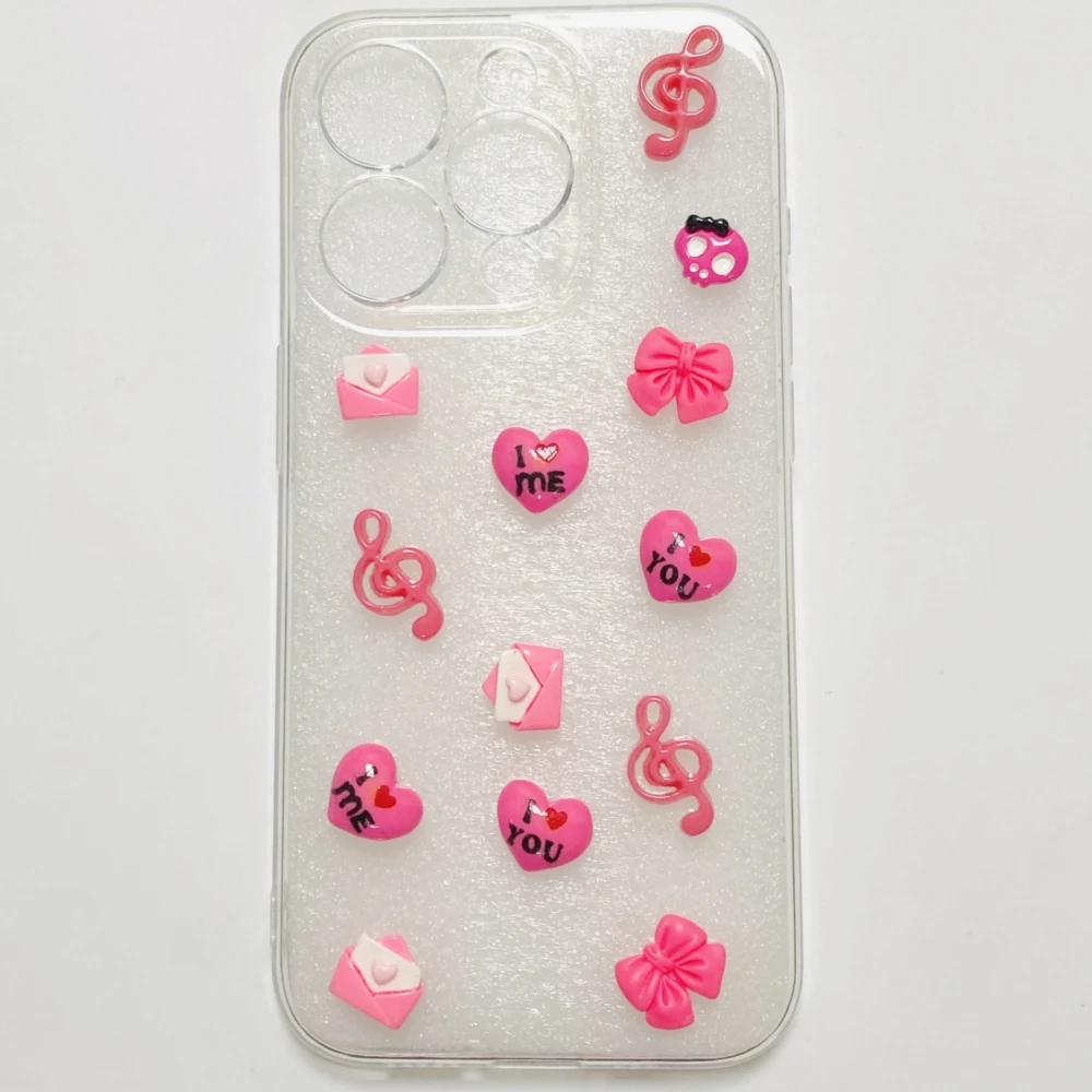 귀엽고 달콤한 로즈 레드 "사랑해" 스톤 보우 해골 모양 음표 봉투 플랫 백 네일 아트 참 DIY 쓰레기 폰 케이스 장식