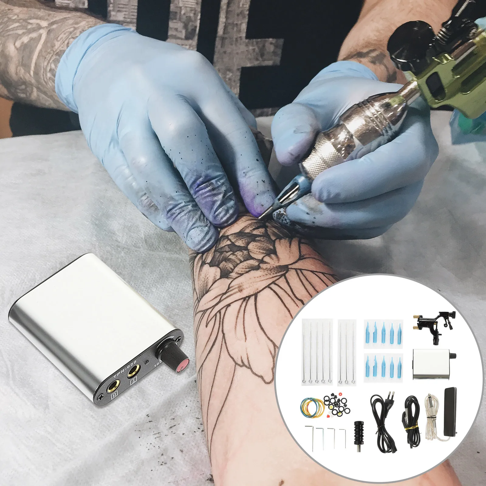 

Professional Silver Stainless Steel Mini Power Motor Rotary Tattoo Machine Kit Complete Set Of Supplies