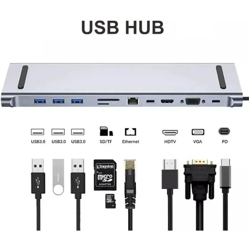 

11 In 1 USB C HUB Type C Docking Station Ethernet Network USB 3.0 Adapter Cables PD 100W Splitter
