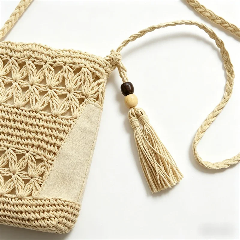 Women Beach Woven Straw Shoulder Bag with Tassel Boho Hollow Out Crochet Crossbody Handbag Macrame Clutch Purse with view 3