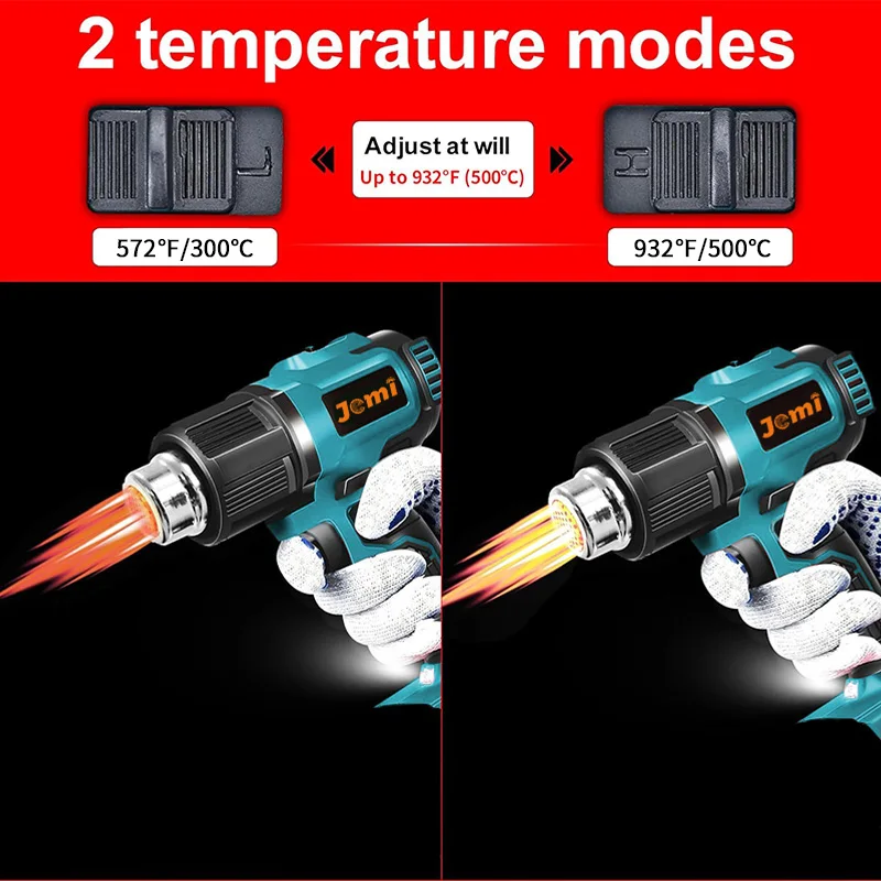 Jemi Tool Cordless Heat Gun, Portable, 3 Nozzles, 1022°F Max Adjustable Temperature for Crafts, Shrinking PVC, Paint Stripping