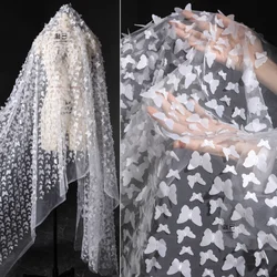 White Three-dimensional Butterfly Mesh Fabric Lightweight Elegant Embroidery Wedding Dress Curtain Apparel Designer Sewing Cloth