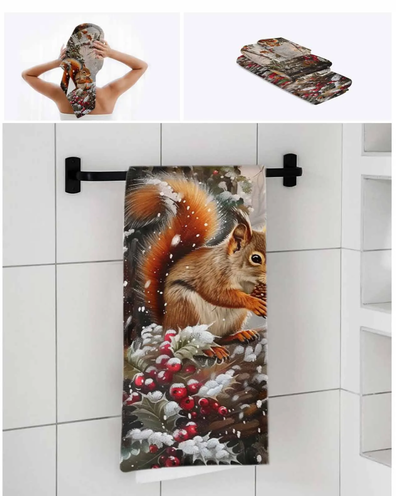 3pc Winter, Squirrels Towel Set Ultra Soft Highly Absorbent Includes 1 Bath Towels 1 Hand Towels 1 WashclothsFor Home Bathroom